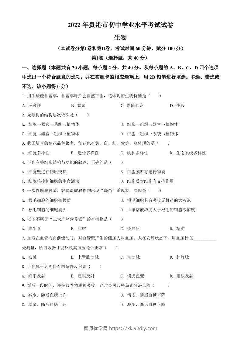 2022年广西贵港市中考生物真题（空白卷）-智源优学网