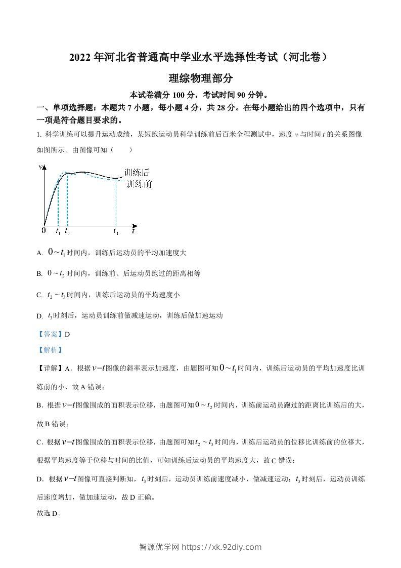 2022年高考物理试卷（河北）（含答案）-智源优学网