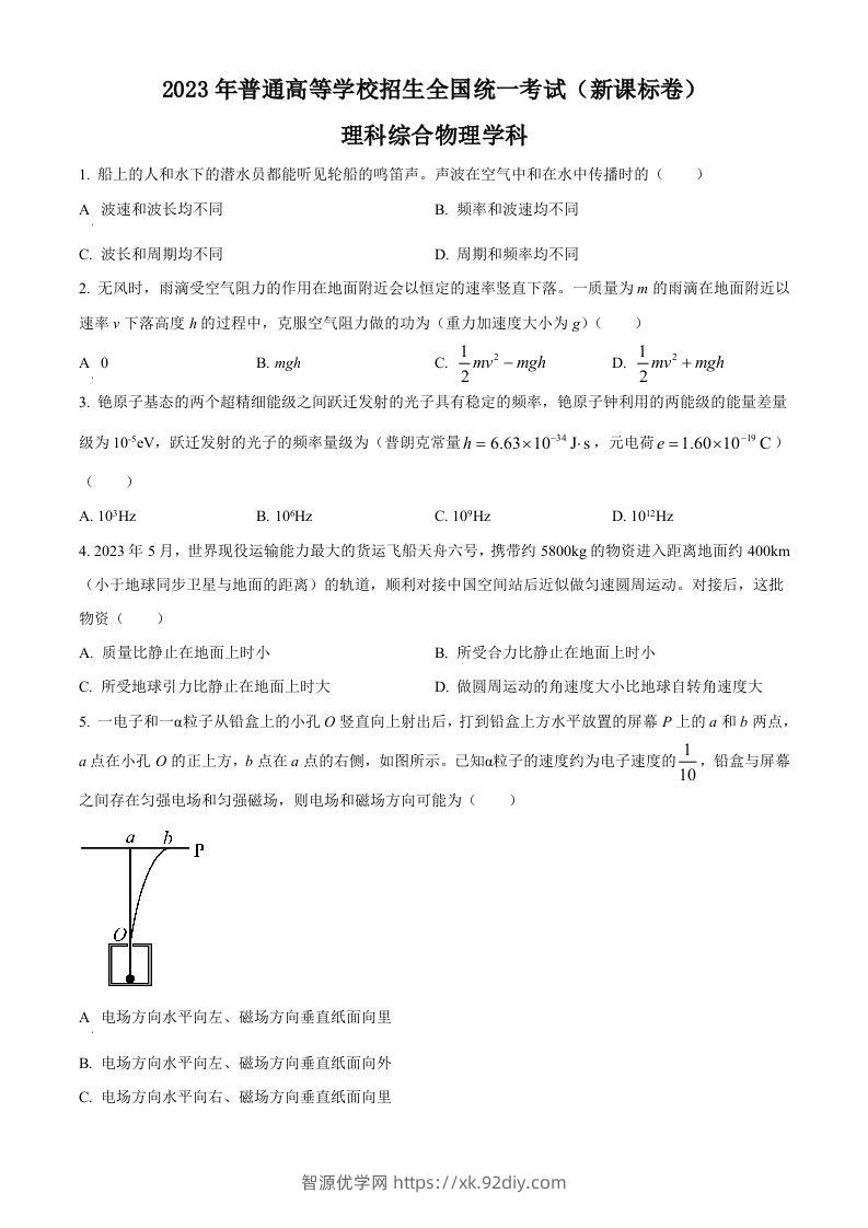 2023年高考物理试卷（新课标）（空白卷）-智源优学网