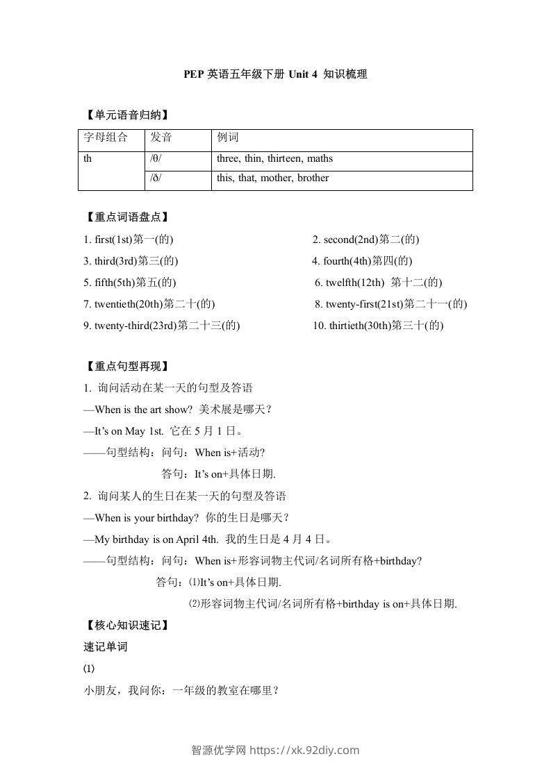 五年级英语下册单元知识梳理-Unit4Whenistheartshow（人教PEP版）-智源优学网