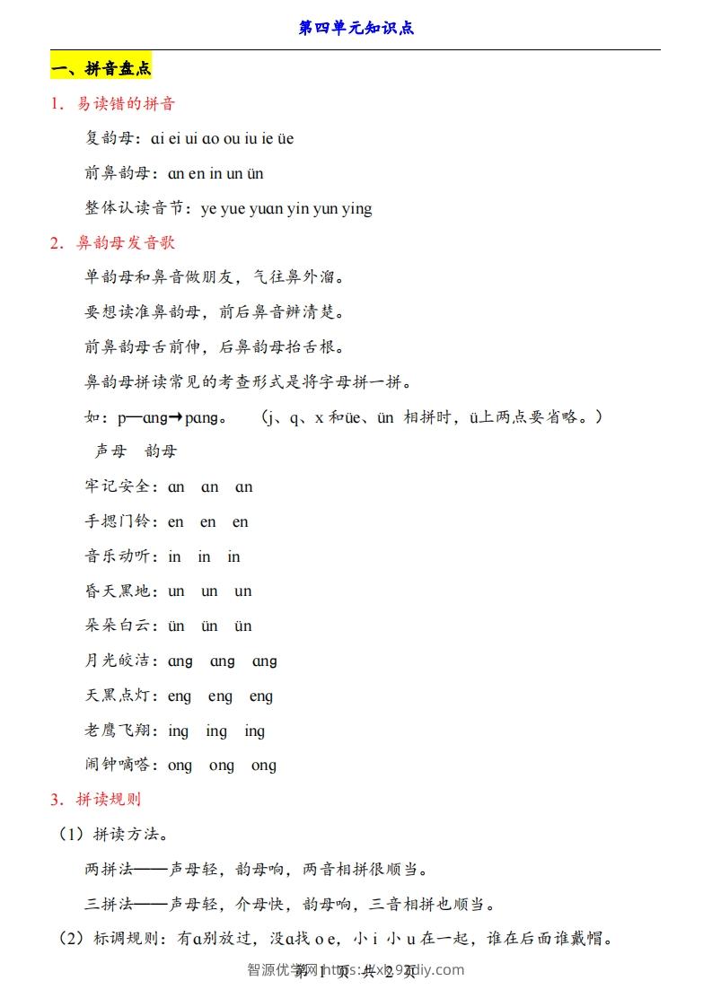 【24新教材】一上语文第4单元知识点梳理-智源优学网