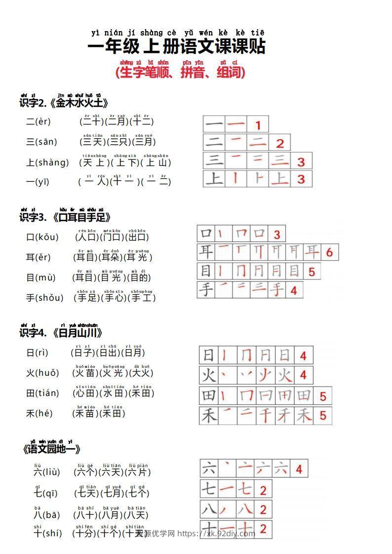24秋新版一上语文课课贴（生字笔顺、拼音、组词）-智源优学网