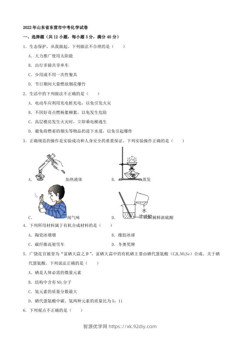 2022年山东省东营市中考化学真题及答案-智源优学网