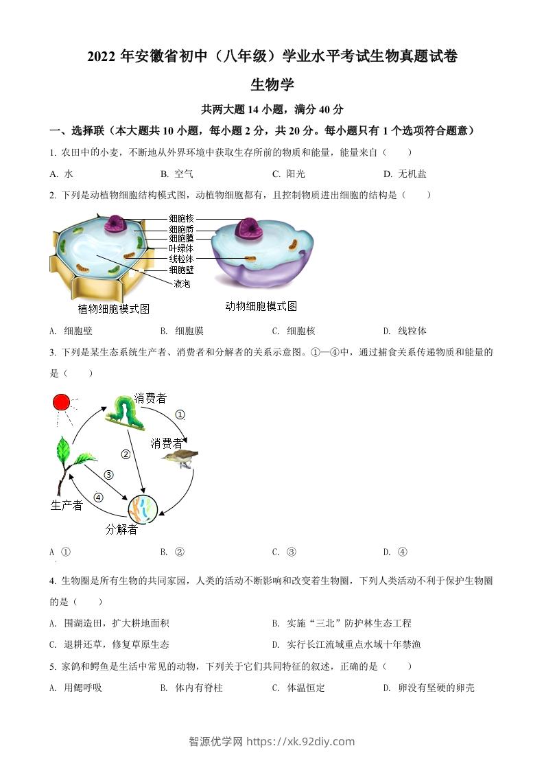 2022年安徽省中考生物真题（空白卷）-智源优学网