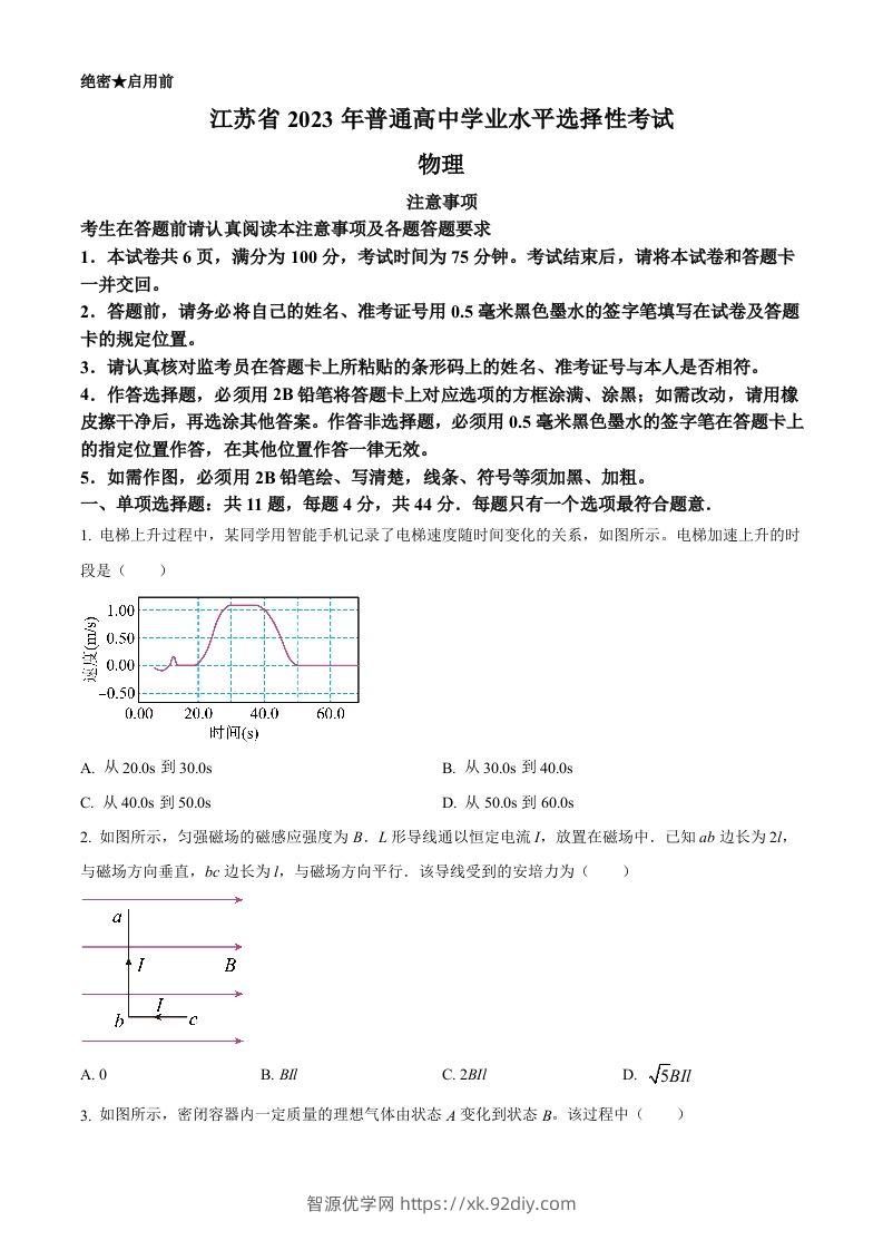 2023年高考物理试卷（江苏）（空白卷）-智源优学网