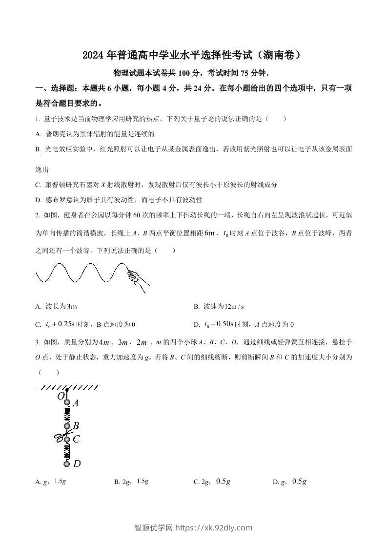 2024年高考物理试卷（湖南）（空白卷）-智源优学网