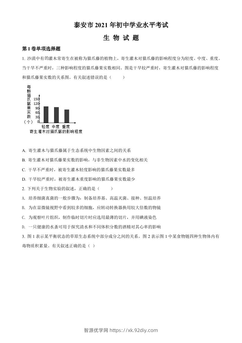 山东省泰安市2021年中考生物试题（空白卷）-智源优学网