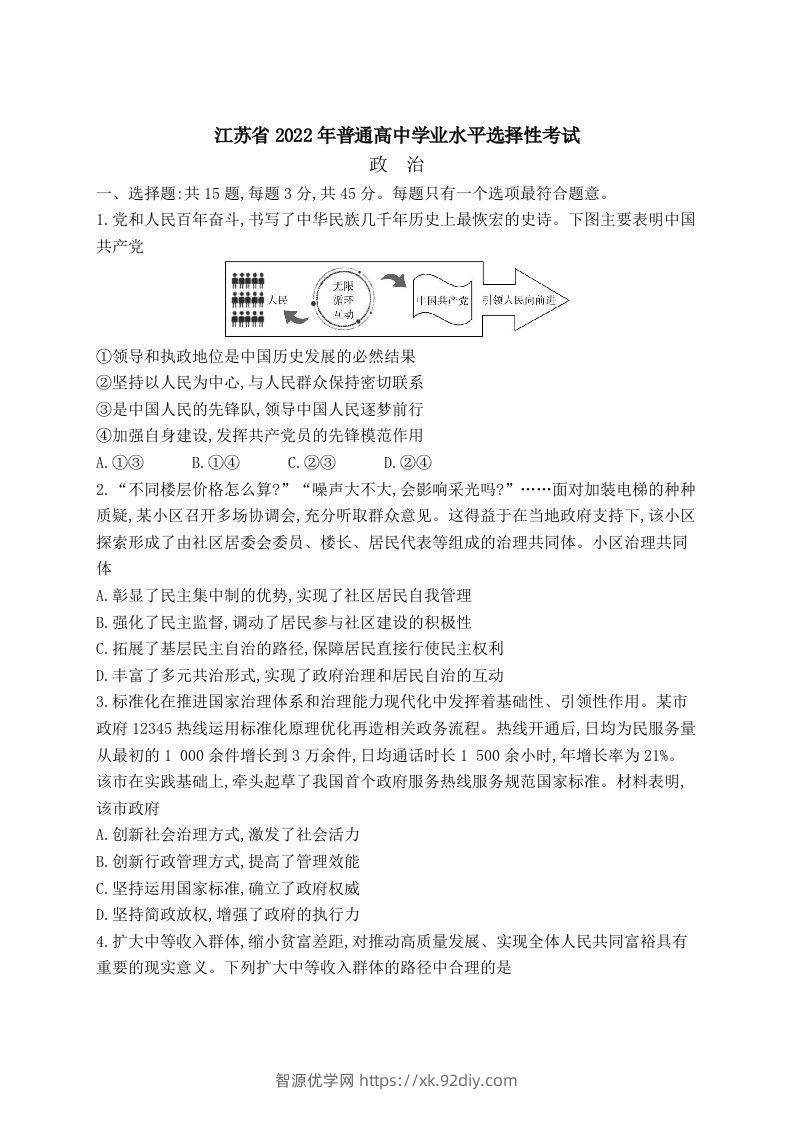 2022年高考政治试卷（江苏）（含答案）-智源优学网