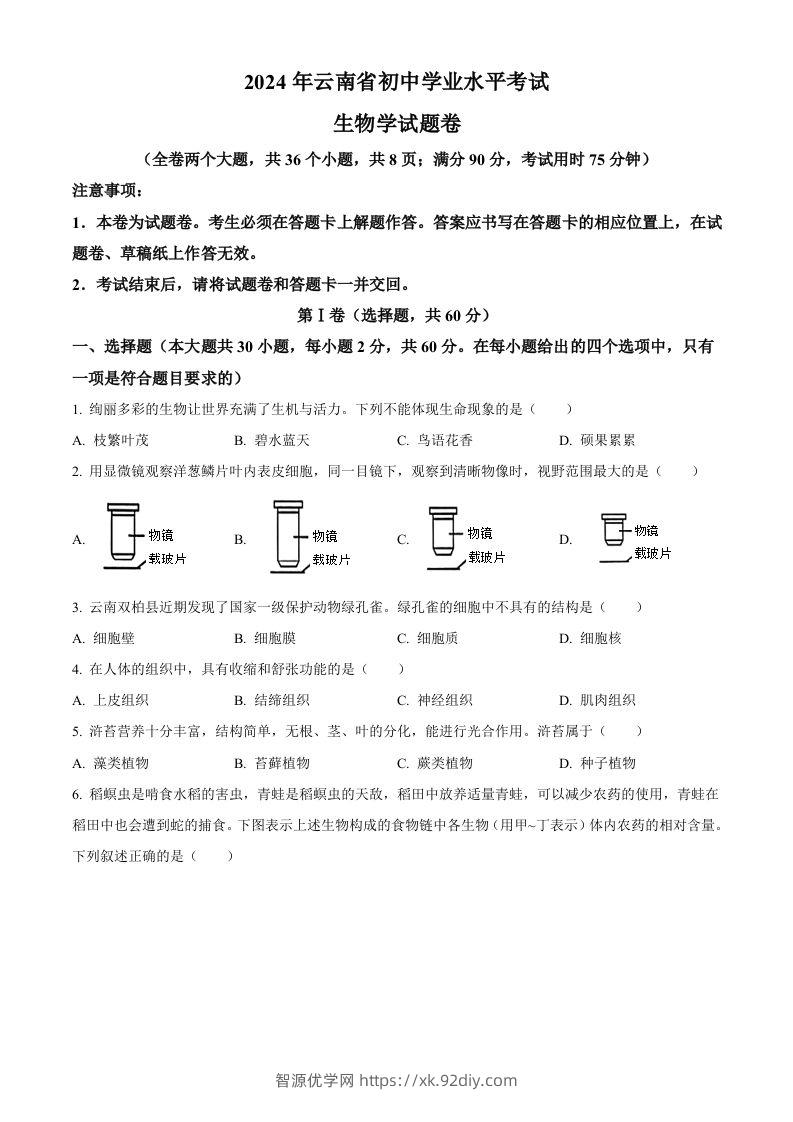 2024年云南省中考生物真题（空白卷）-智源优学网