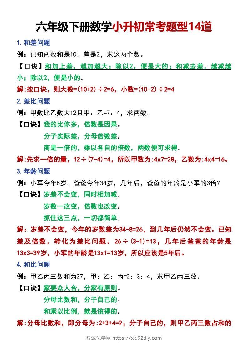 六年级下册数学小升初常考题型14道-智源优学网
