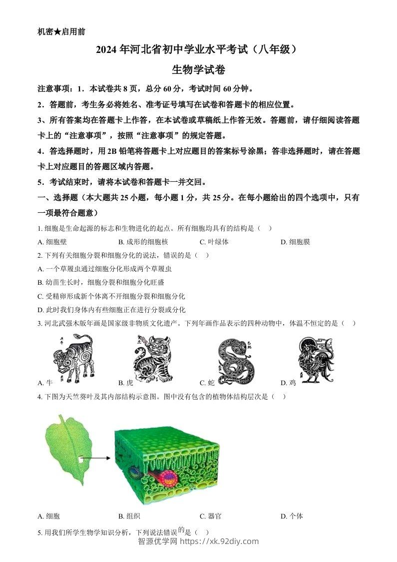 2024年河北省八年级中考生物真题（空白卷）-智源优学网