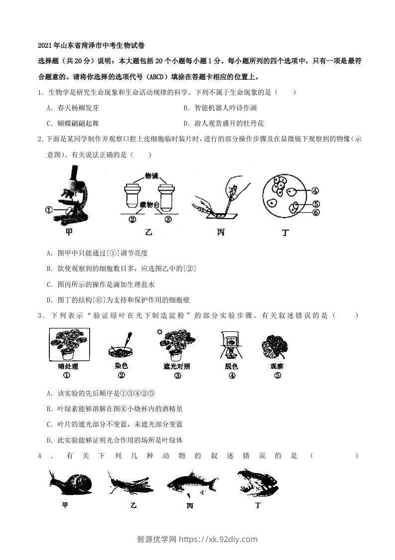 2021年山东省菏泽市中考生物真题（word，含答案）-智源优学网