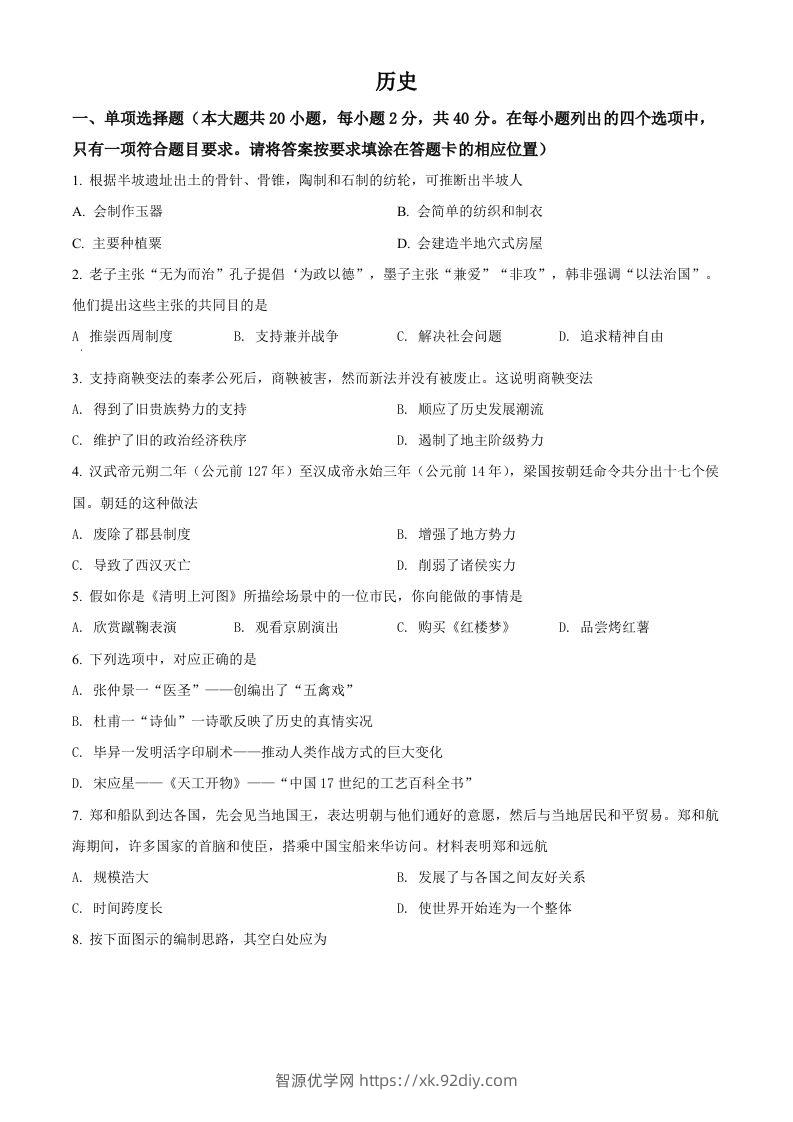 2022年江西省中考历史真题（空白卷）-智源优学网
