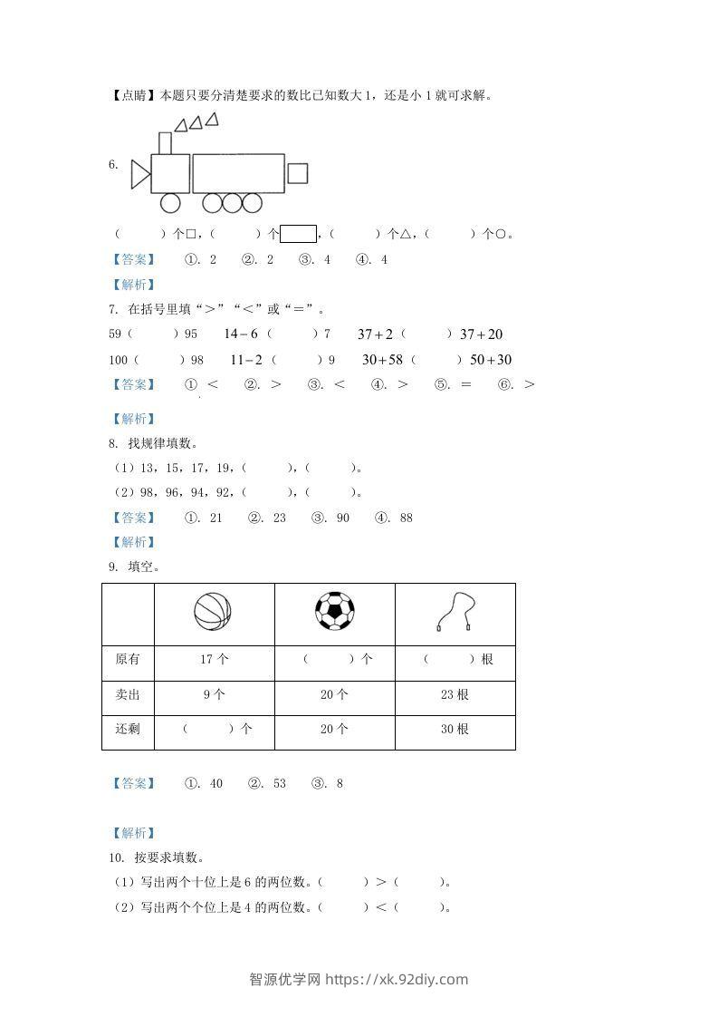 图片[2]-2021-2022学年山西省大同市一年级下册数学期中试题及答案(Word版)-智源优学网