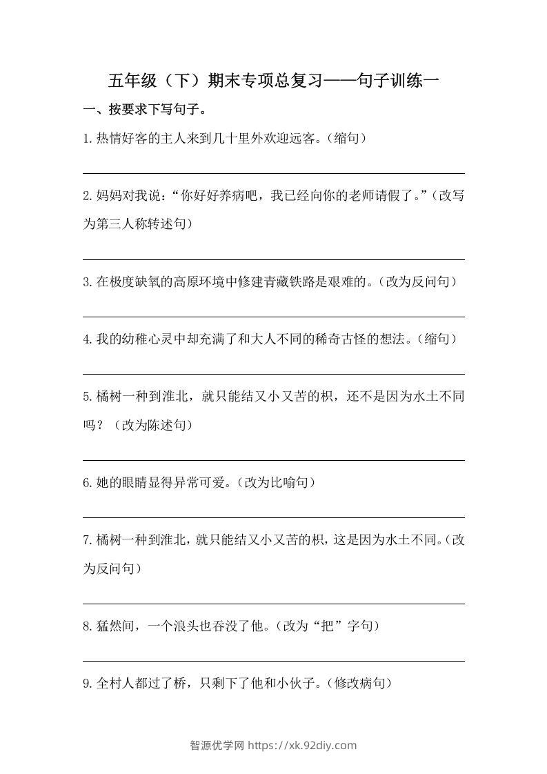 五年级语文下册期末句子训练专项训练（一）（含答案）（部编版）-智源优学网