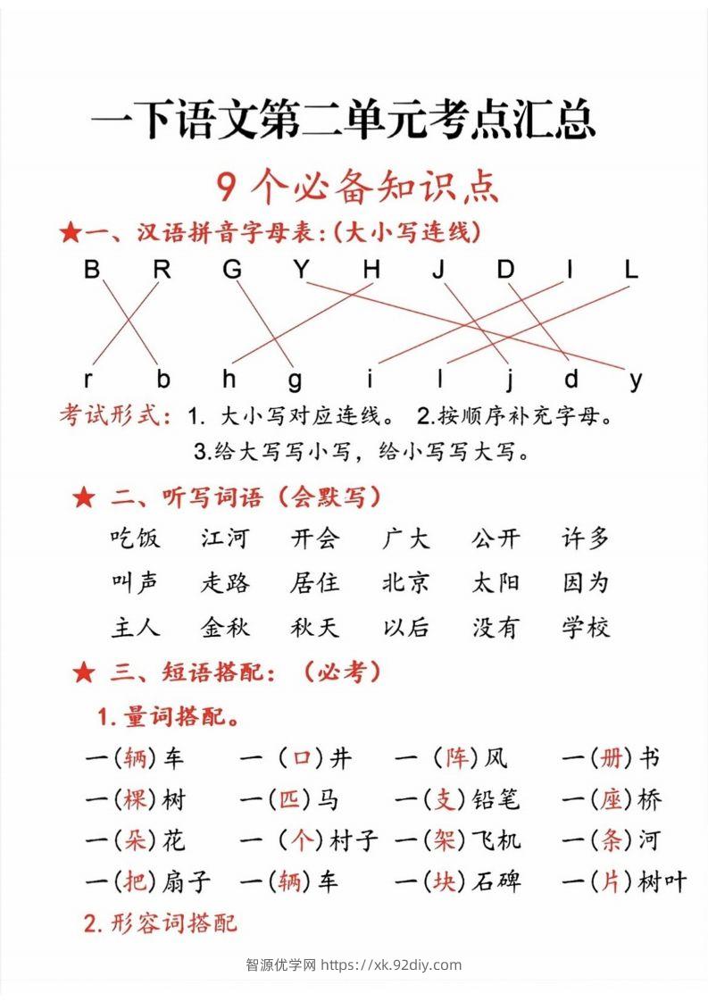 一年级语文下册第二单元考点-智源优学网