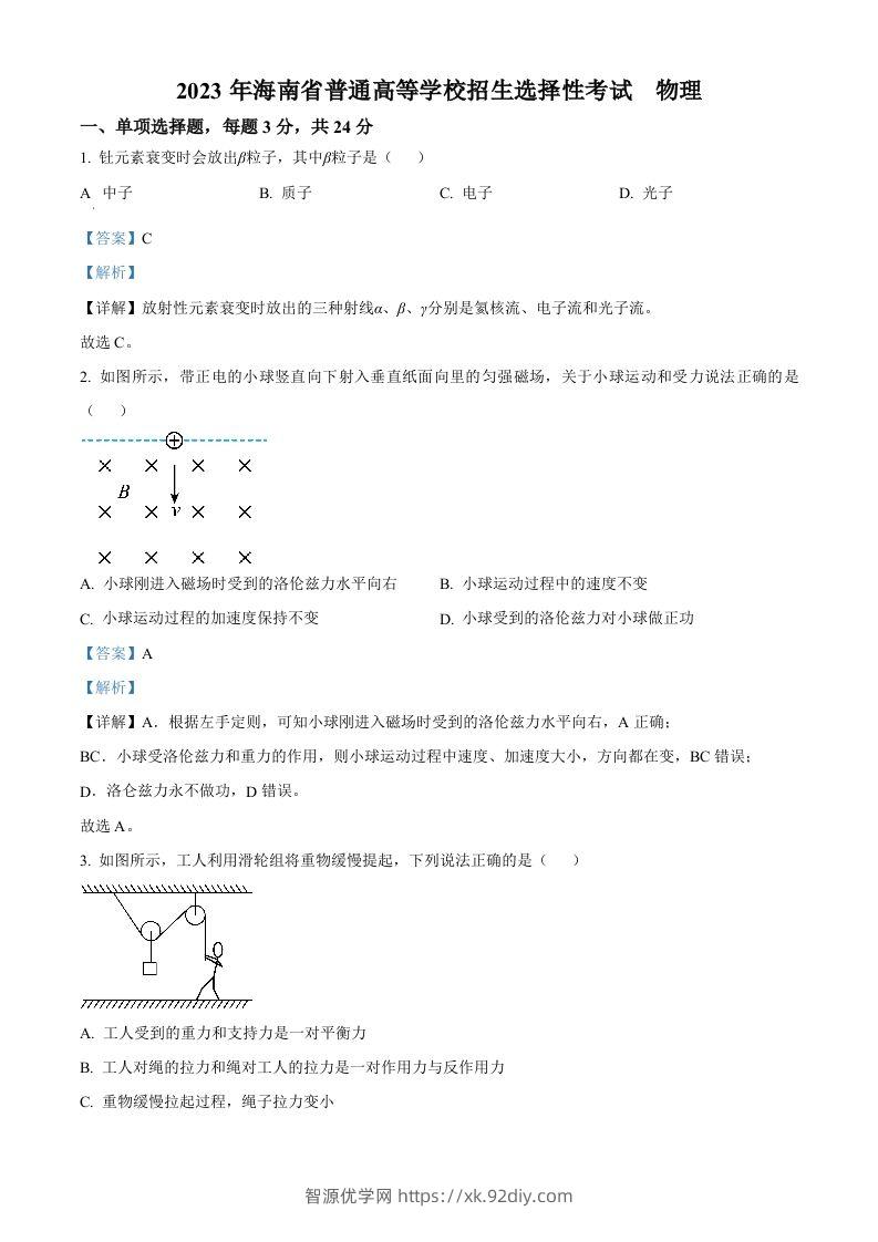 2023年高考物理试卷（海南）（含答案）-智源优学网