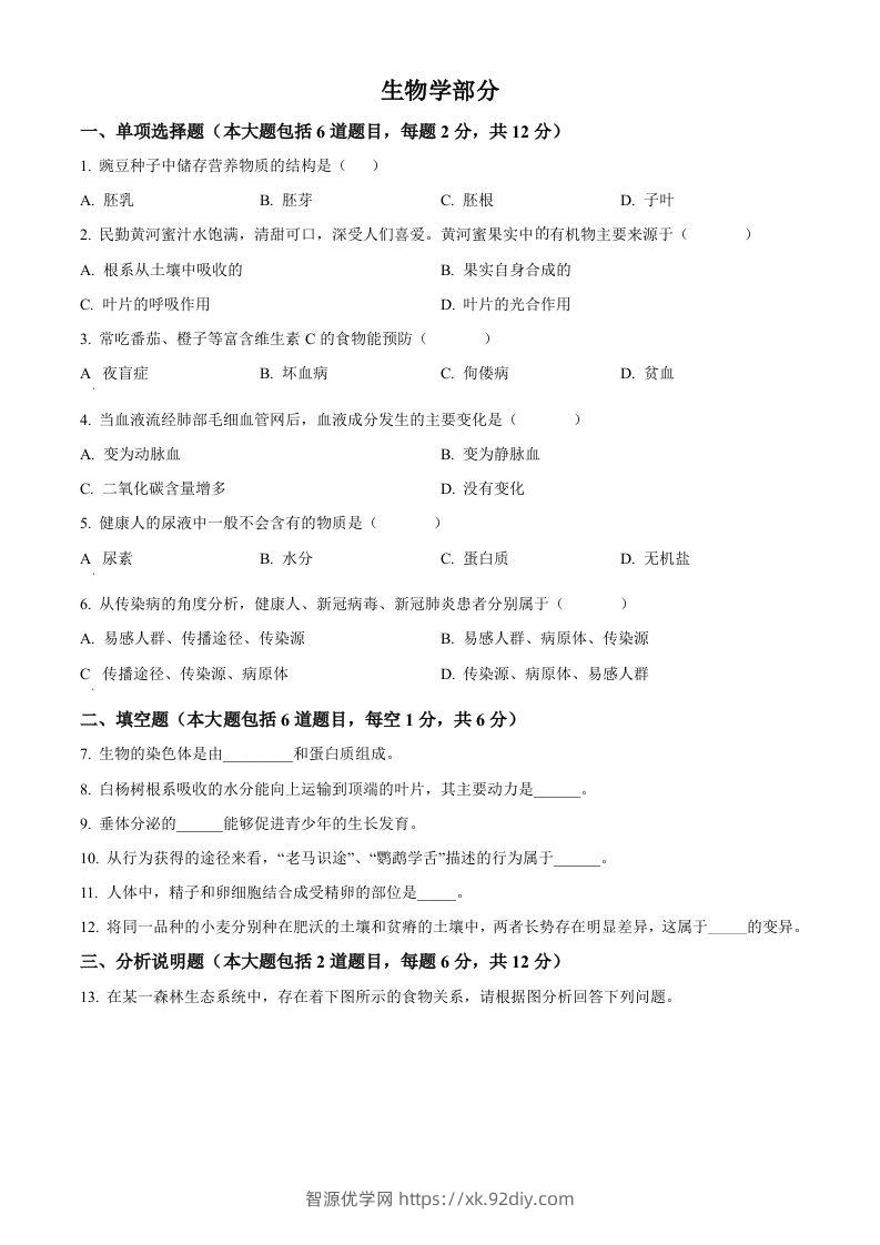 2022年甘肃省白银市中考生物真题（空白卷）-智源优学网