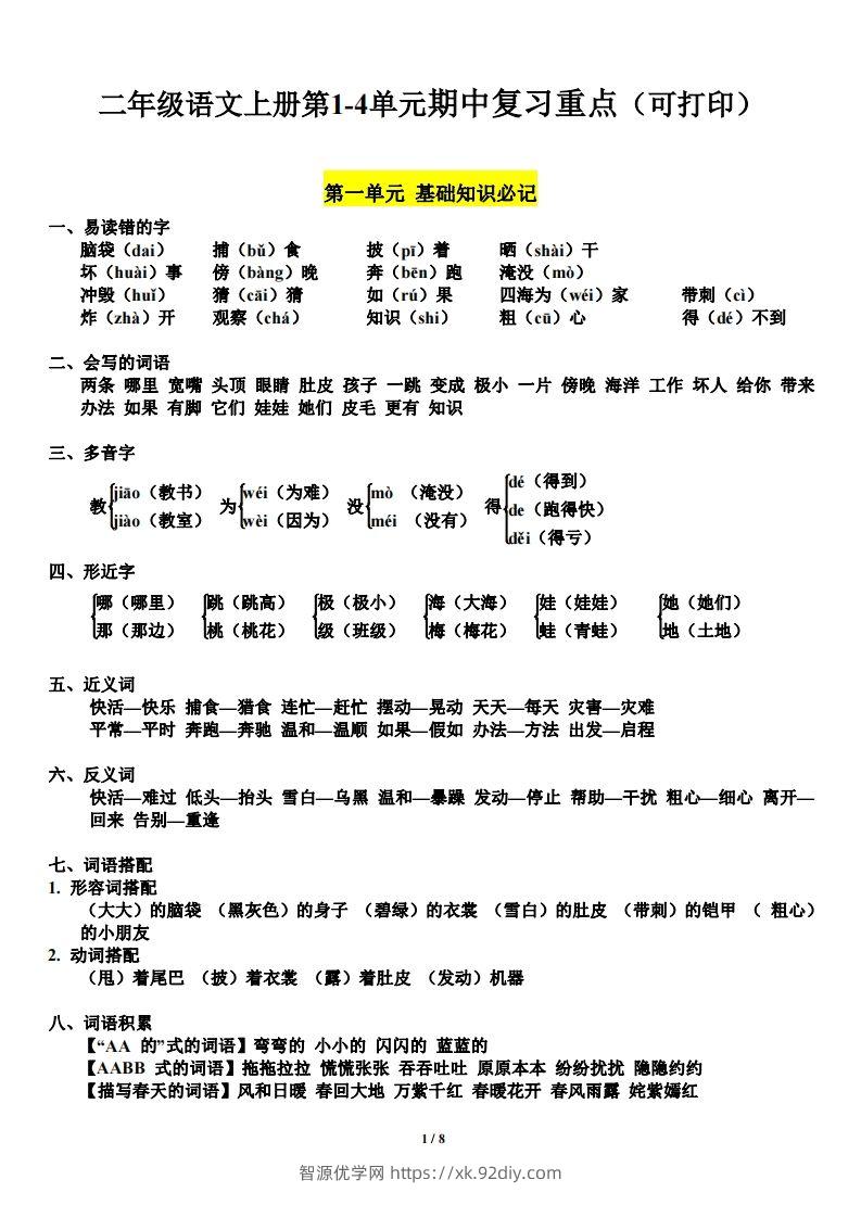 二上语文第单元期中复习必记（抖音）-智源优学网