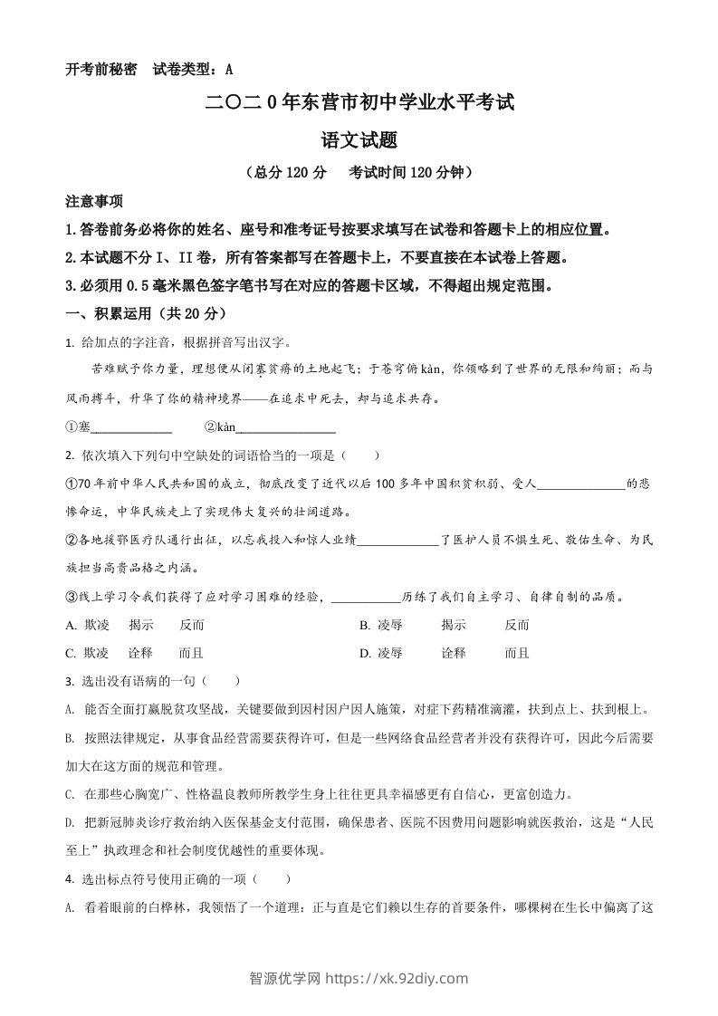 山东省东营市2020年中考语文试题（空白卷）-智源优学网