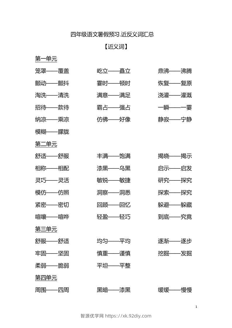 四（上）语文各单元近义词与反义词汇总-智源优学网