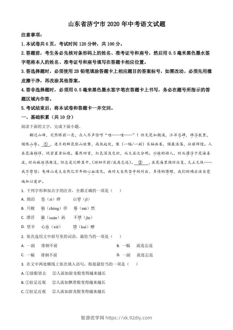 山东省济宁市2020年中考语文试题（空白卷）-智源优学网