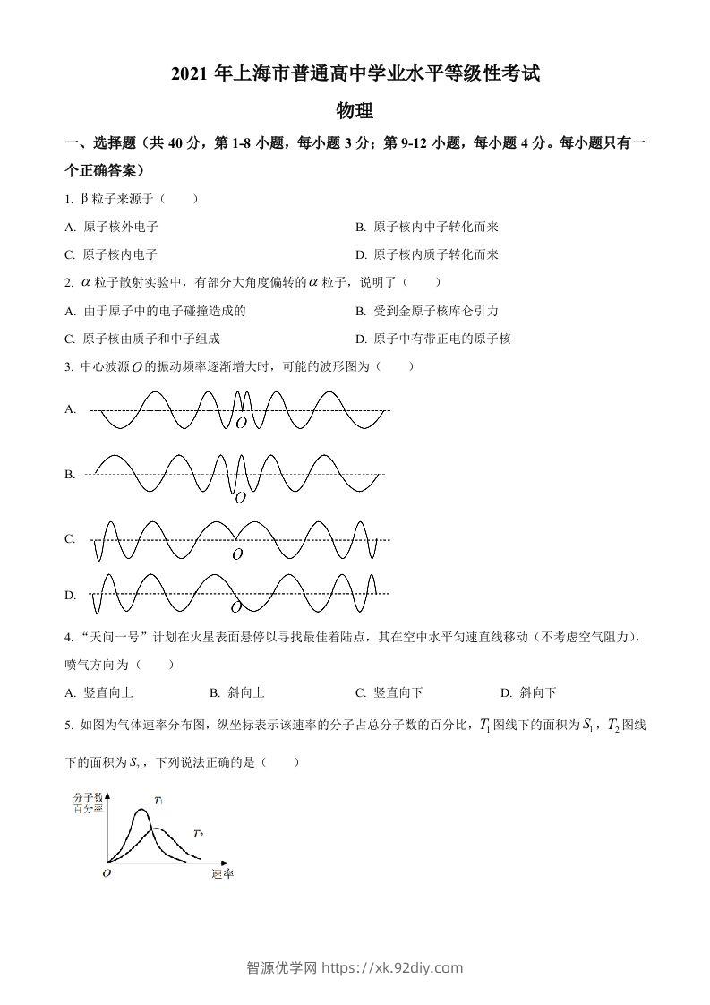 2021年高考物理试卷（上海）（空白卷）-智源优学网