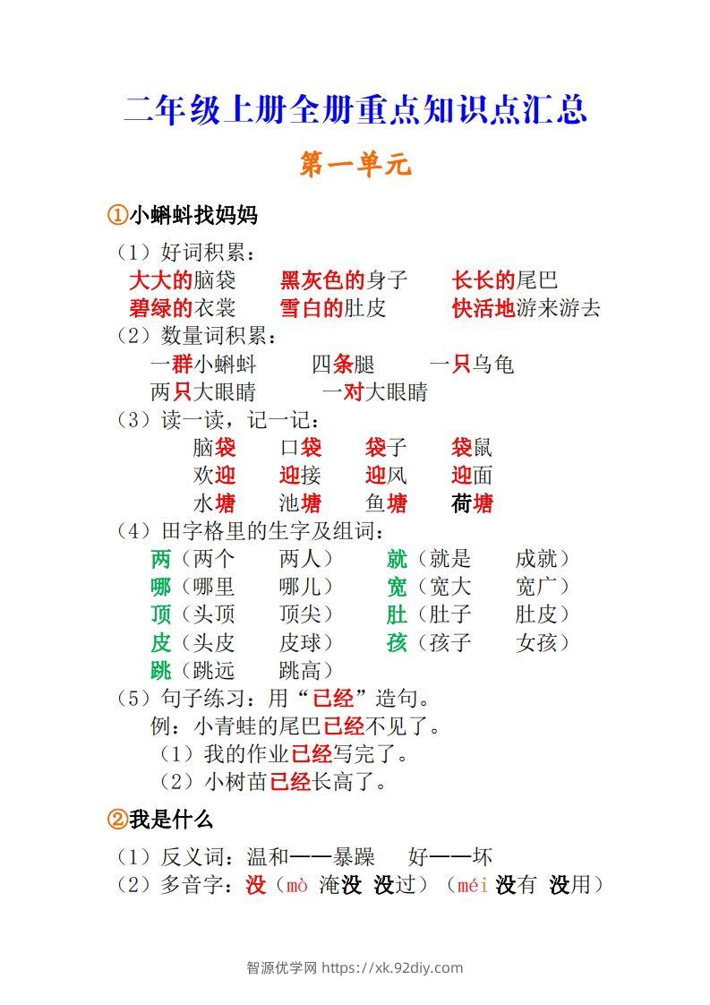 二年级上册语文全册重点知识点汇总-智源优学网