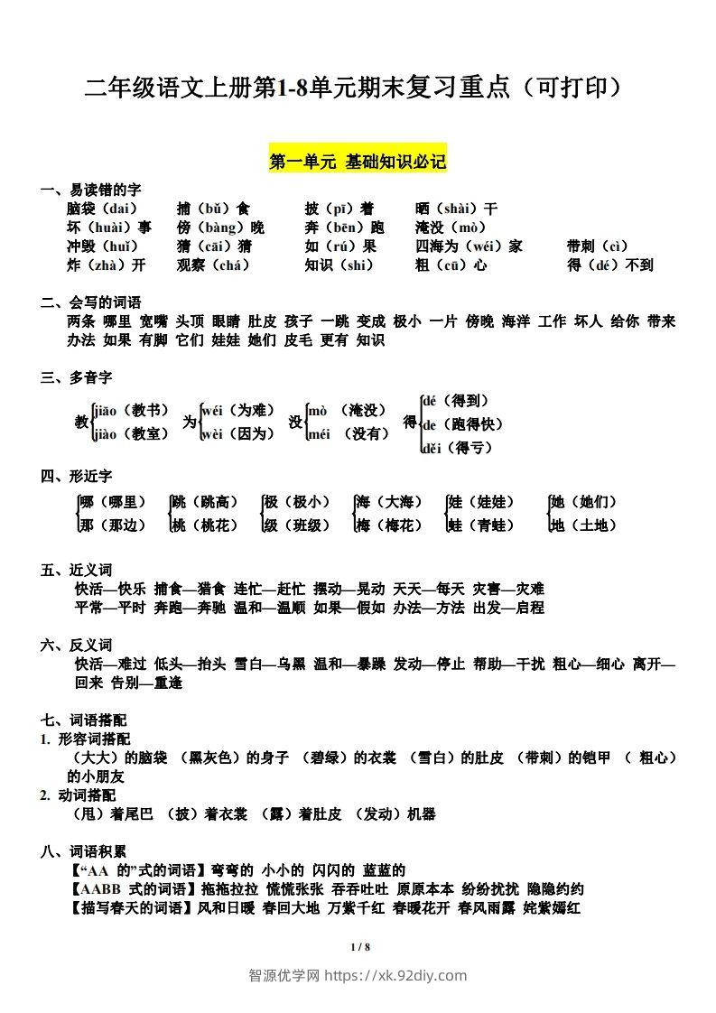 二（上）语文1-8单元期末复习重点-智源优学网
