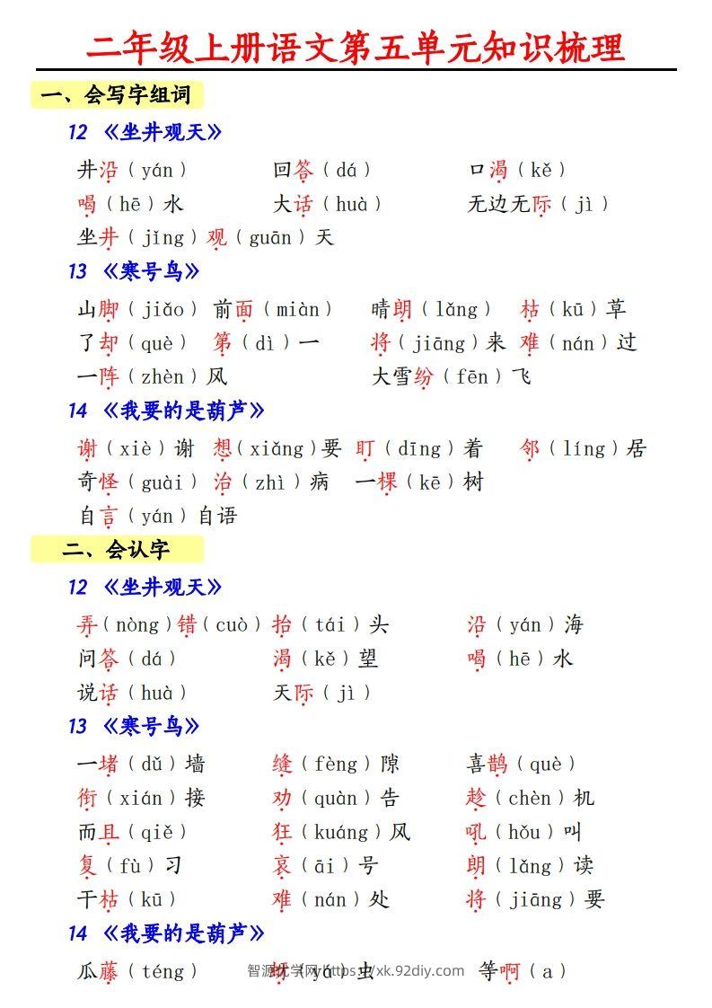 【第五单元知识梳理】二上语文-智源优学网