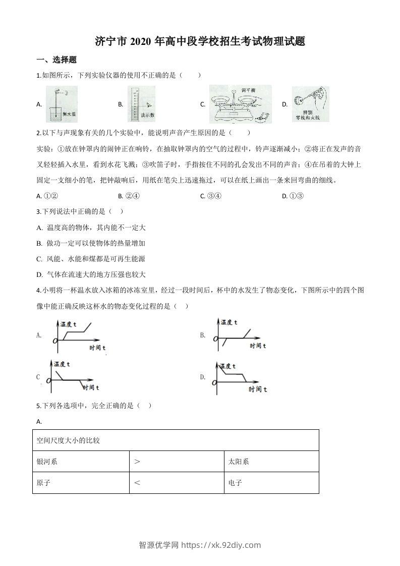 2020年山东省济宁市中考物理试题（高中段学校招生考试物理试题)（空白卷）-智源优学网