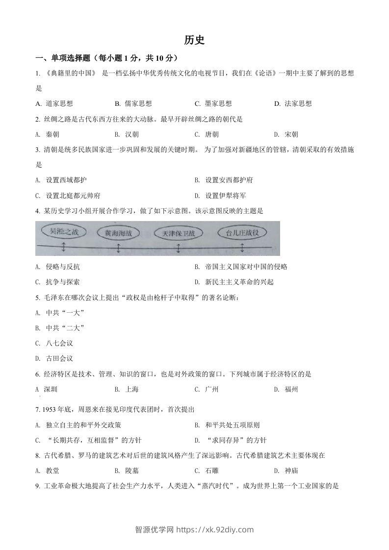 2022年吉林省中考历史真题（空白卷）-智源优学网