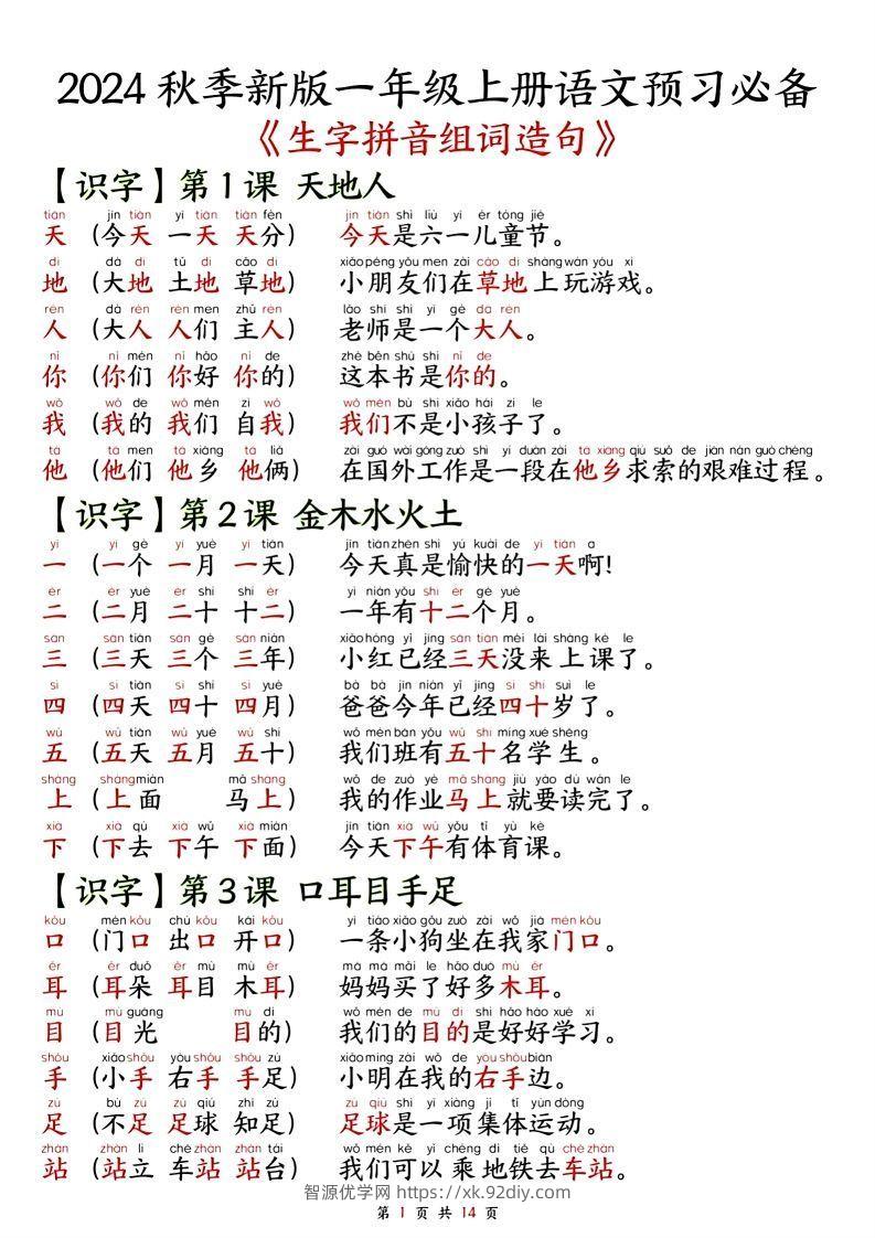 一年级上册语文单元知识要点之生字拼音组词造句-智源优学网