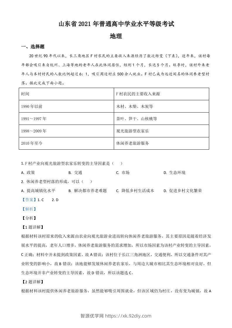 2021年高考地理试卷（山东）（含答案）-智源优学网