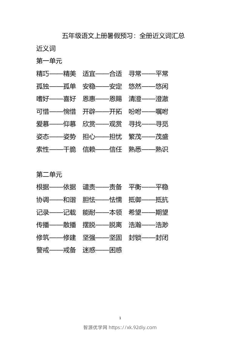 五上语文近.反义词汇总-智源优学网