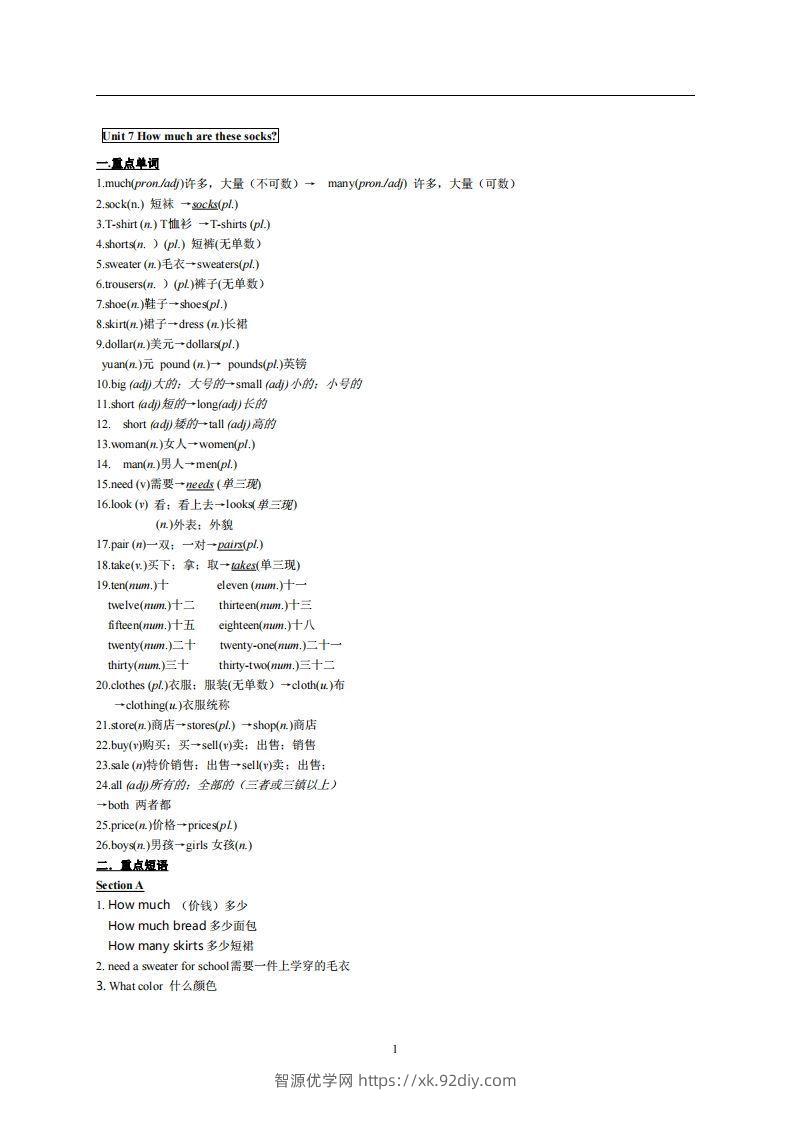 7.人教版七年级上英语Unit7复习提纲-智源优学网