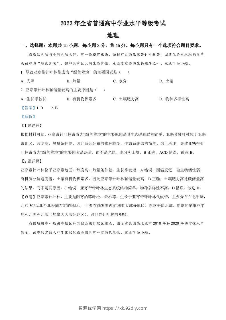 2023年高考地理试卷（山东）（含答案）-智源优学网