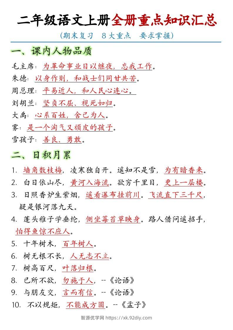 【全册重点考点归纳】二上语文-智源优学网