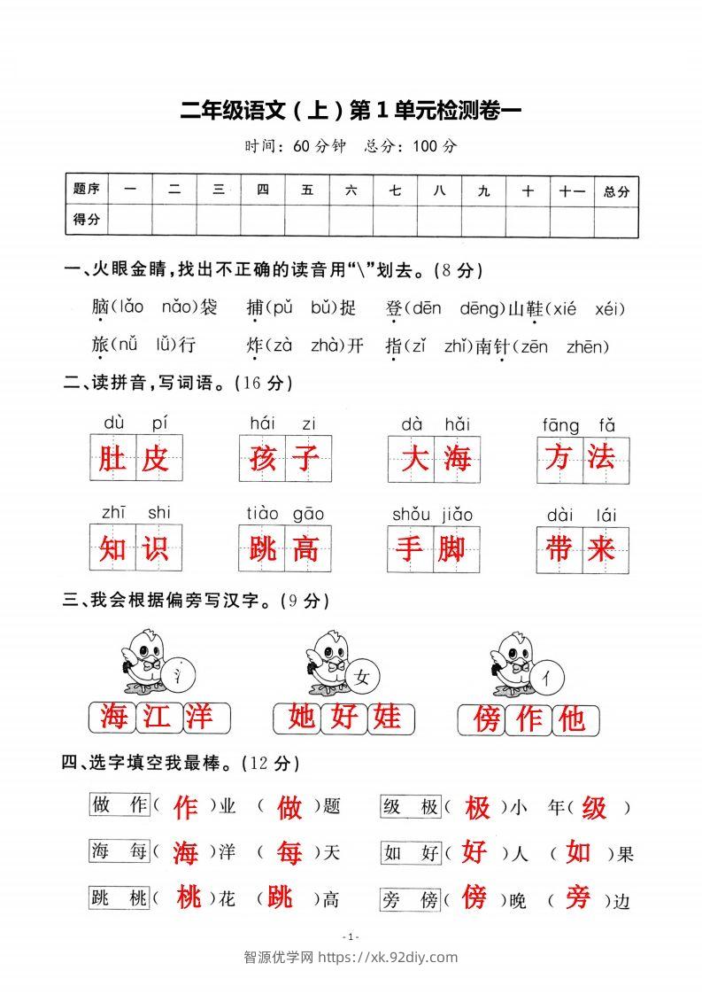 二上语文第一单元检测卷（一）-智源优学网