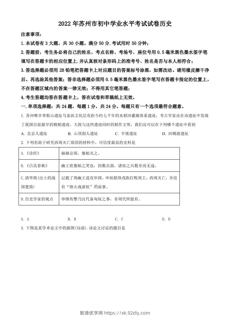 2022年江苏省苏州市中考历史真题（空白卷）-智源优学网
