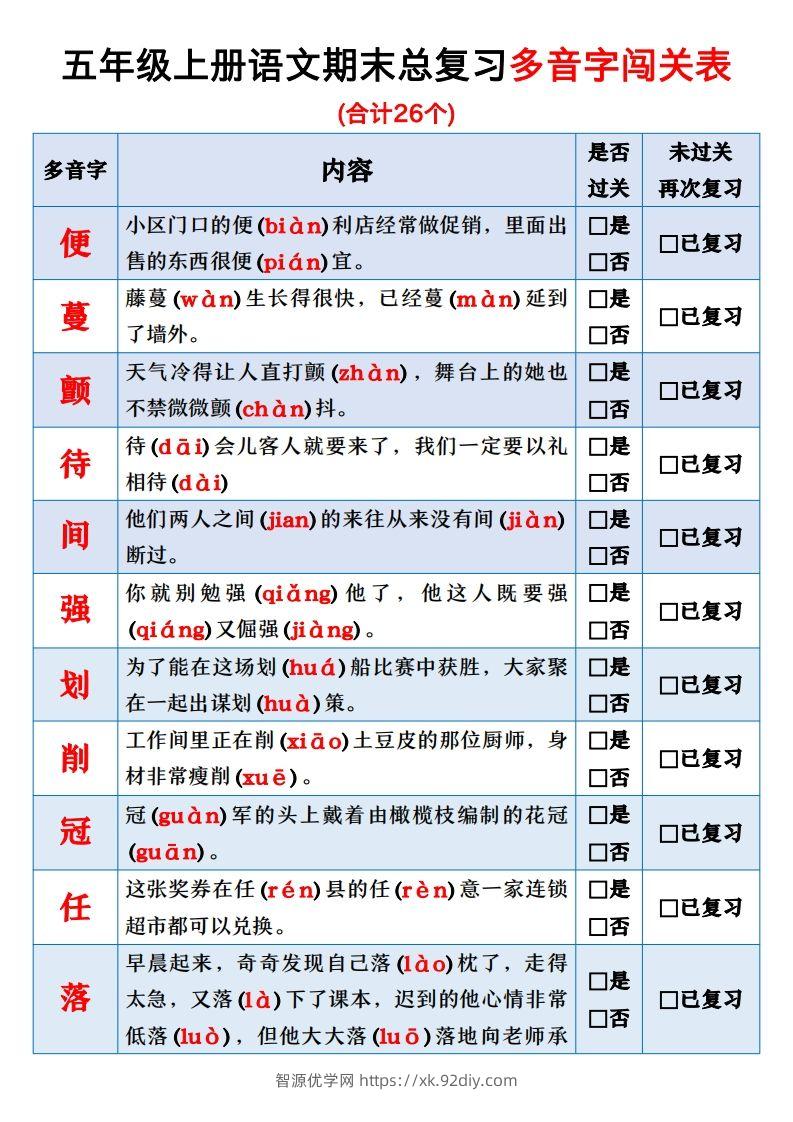 【期末总复习闯关表】五上语文-智源优学网