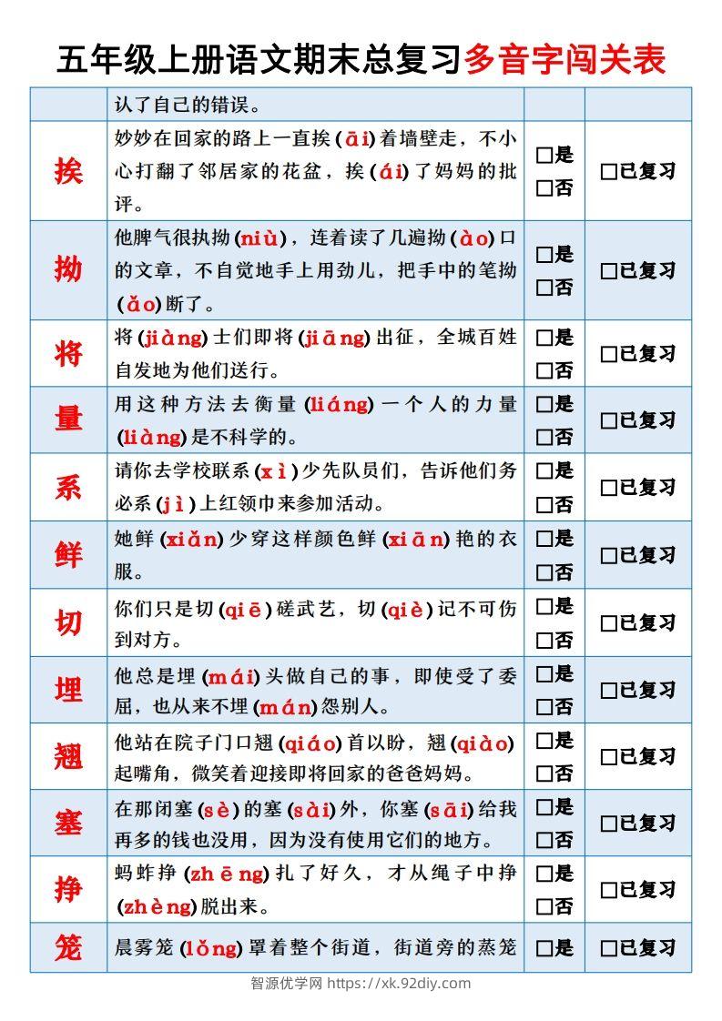 图片[2]-【期末总复习闯关表】五上语文-智源优学网