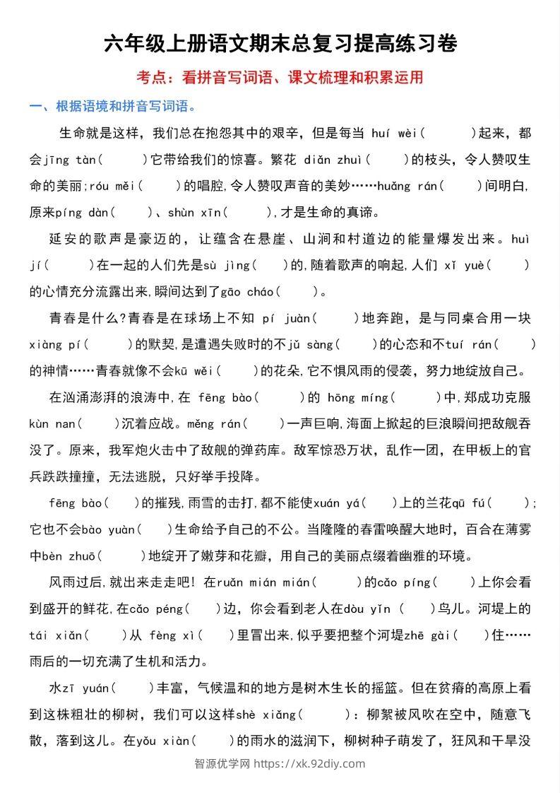 【期末总复习提高卷】六上语文-智源优学网