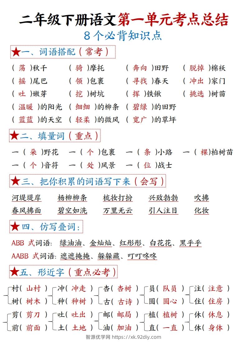 二下语文【考点】总结（8个必背知识点+练习）42页-智源优学网