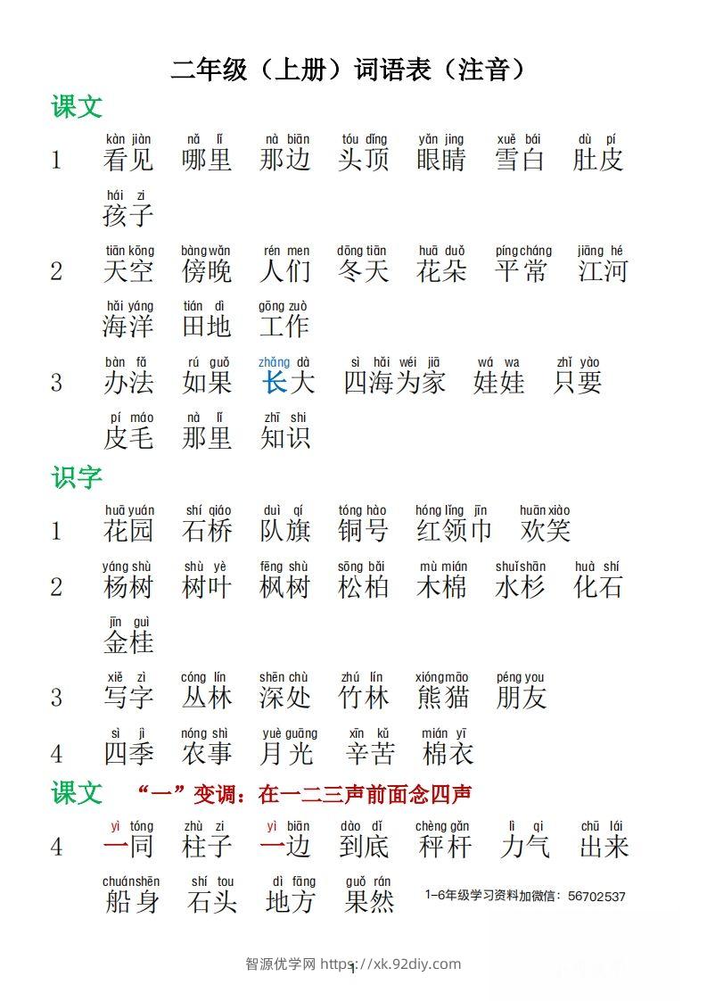 二年级语文上册词语表拼音版1-智源优学网