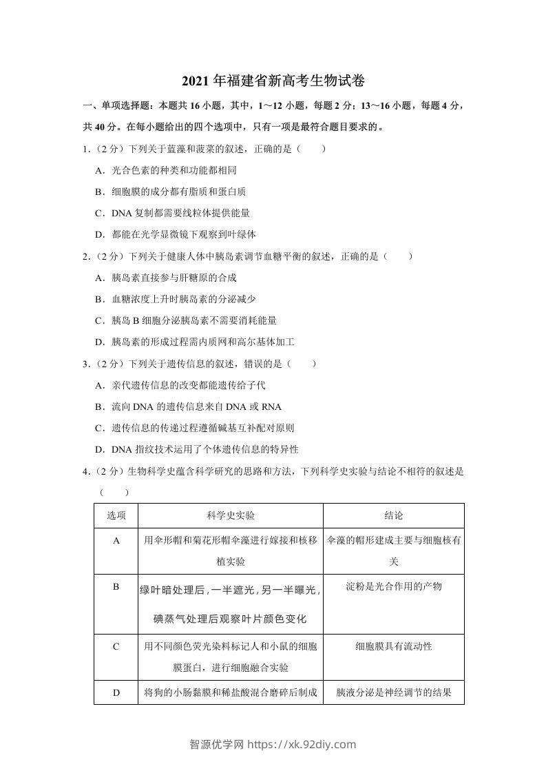 2021年高考生物试卷（福建）（空白卷）-智源优学网