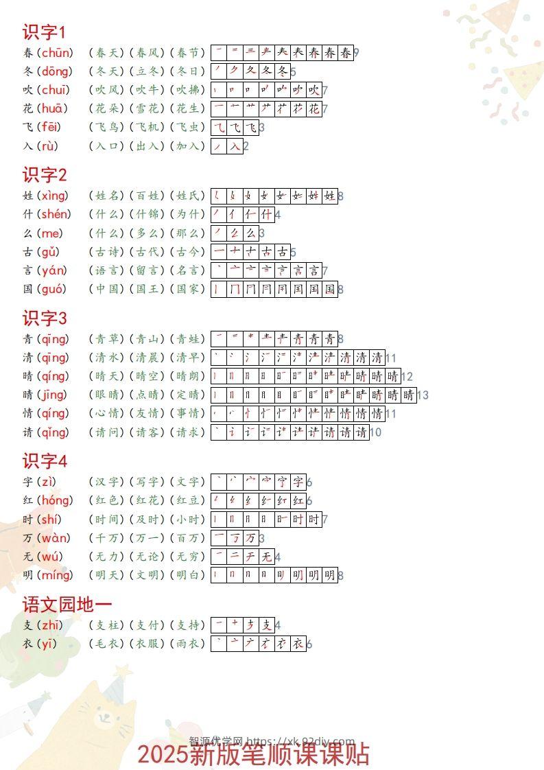 2025春一年级语文新版笔顺课课贴-智源优学网