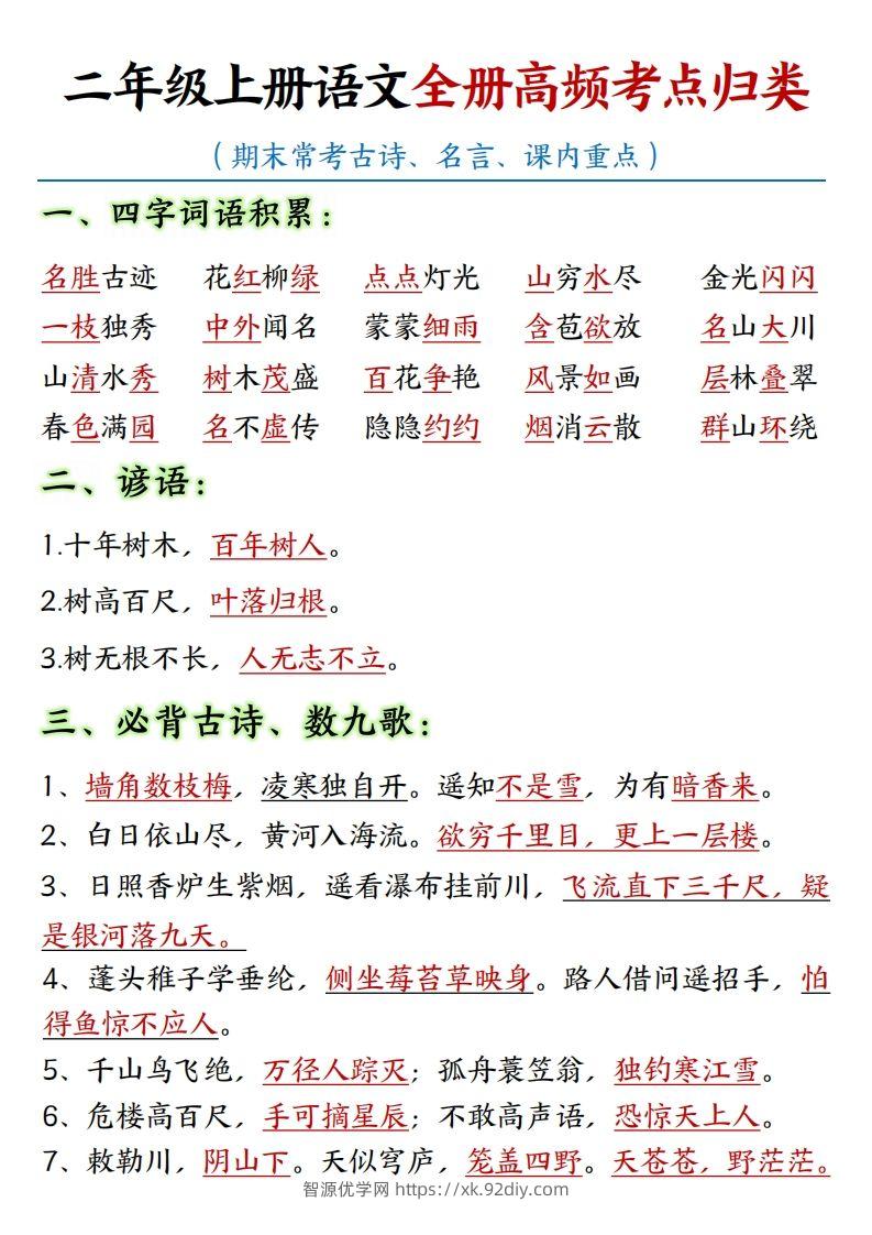 【全册重点高频考点归类汇总】二上语文-智源优学网