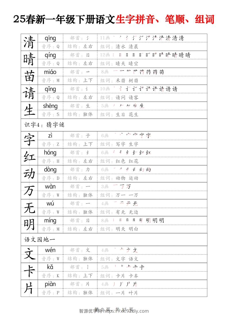 图片[2]-25春新一下语文生字拼音、笔顺、组词（15页）-智源优学网