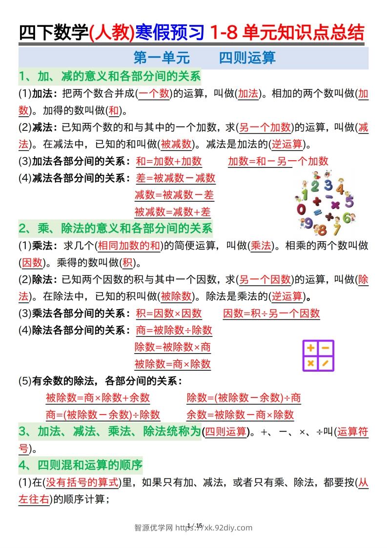 四下数学(人教)寒假预习1-8单元知识点总结（14页）-智源优学网